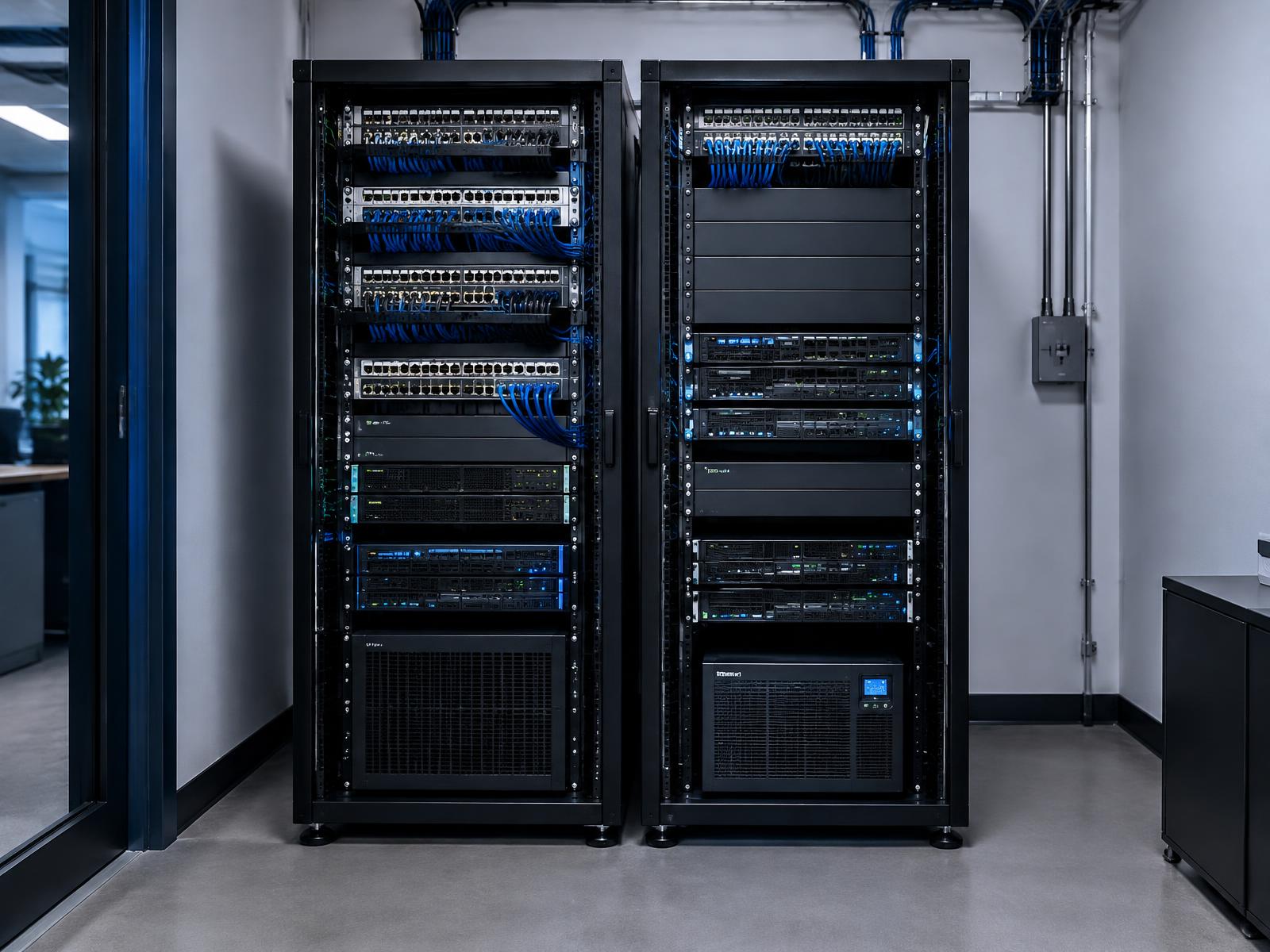 Data center racks with organized cabling and network switches