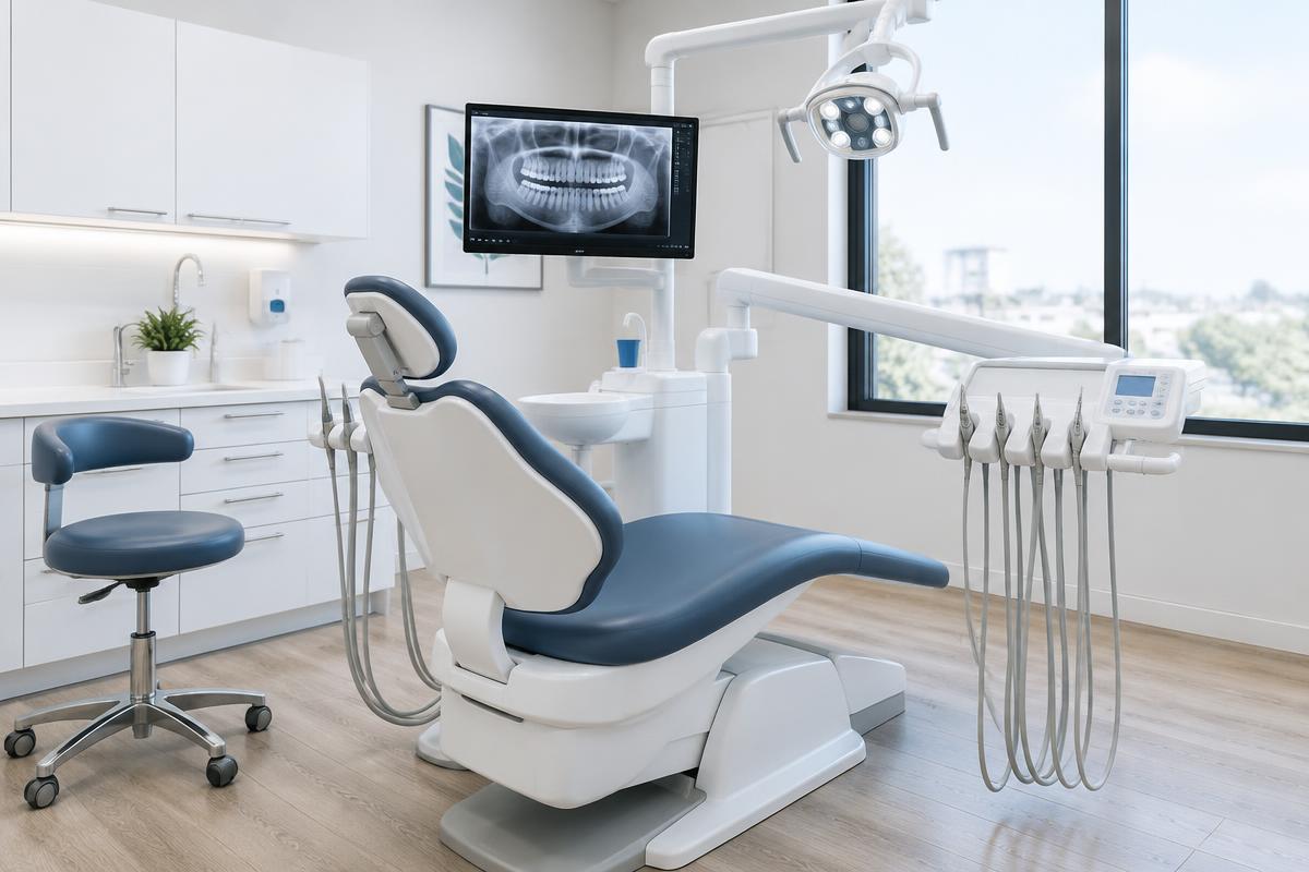 Modern dental treatment room with a chair and wall-mounted monitor