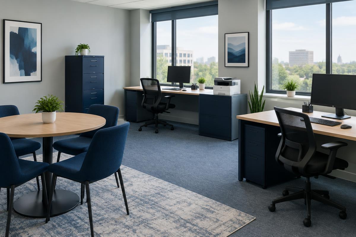 Tidy open-plan office workspace with desks, computers and a printer