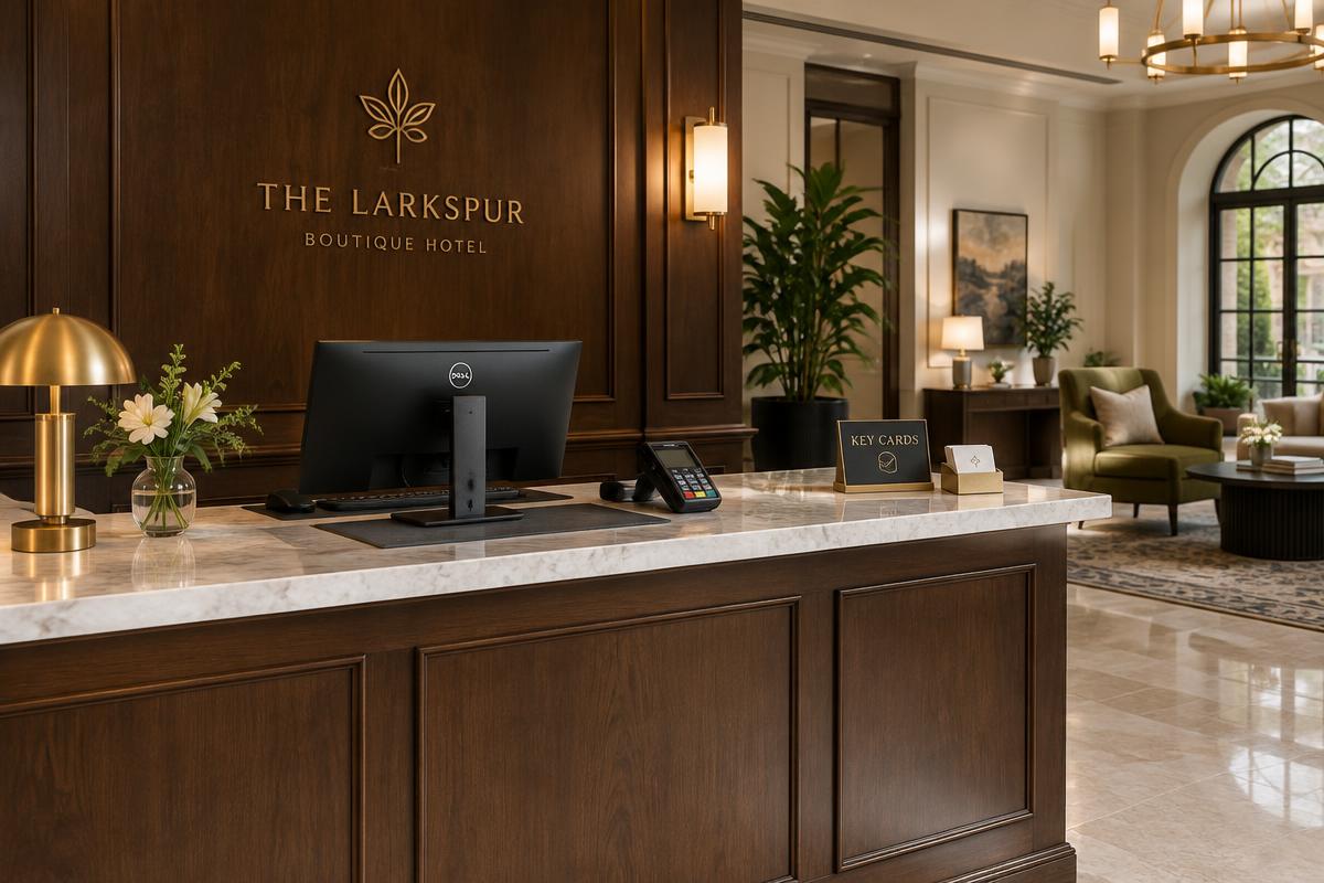 Hotel front desk with a computer and card payment terminal