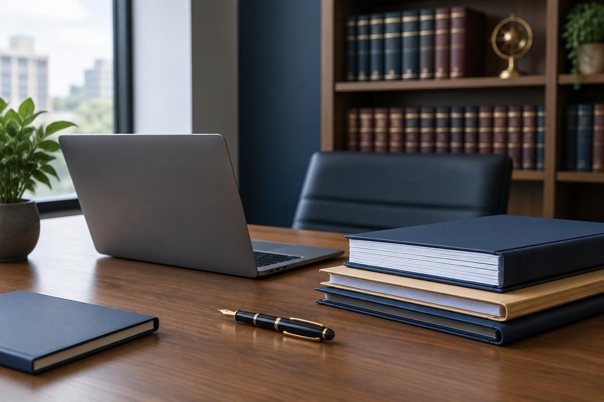Executive office desk with a laptop, notebook and stacked binders beside a bookcase