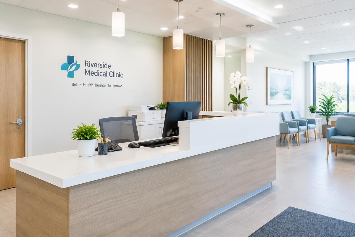Reception desk with a computer workstation in a bright medical clinic