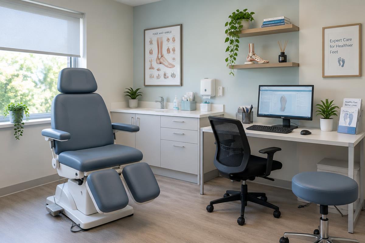 Podiatry consultation room with treatment chair and desk computer