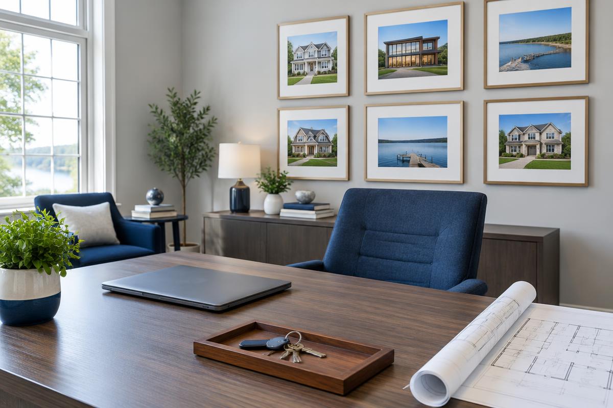 Real estate office desk with a laptop, keys and a rolled floor plan
