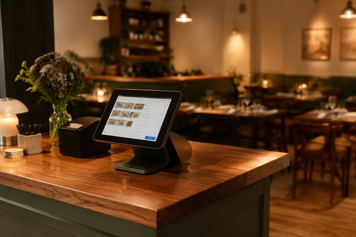 Point-of-sale tablet on a wooden restaurant counter