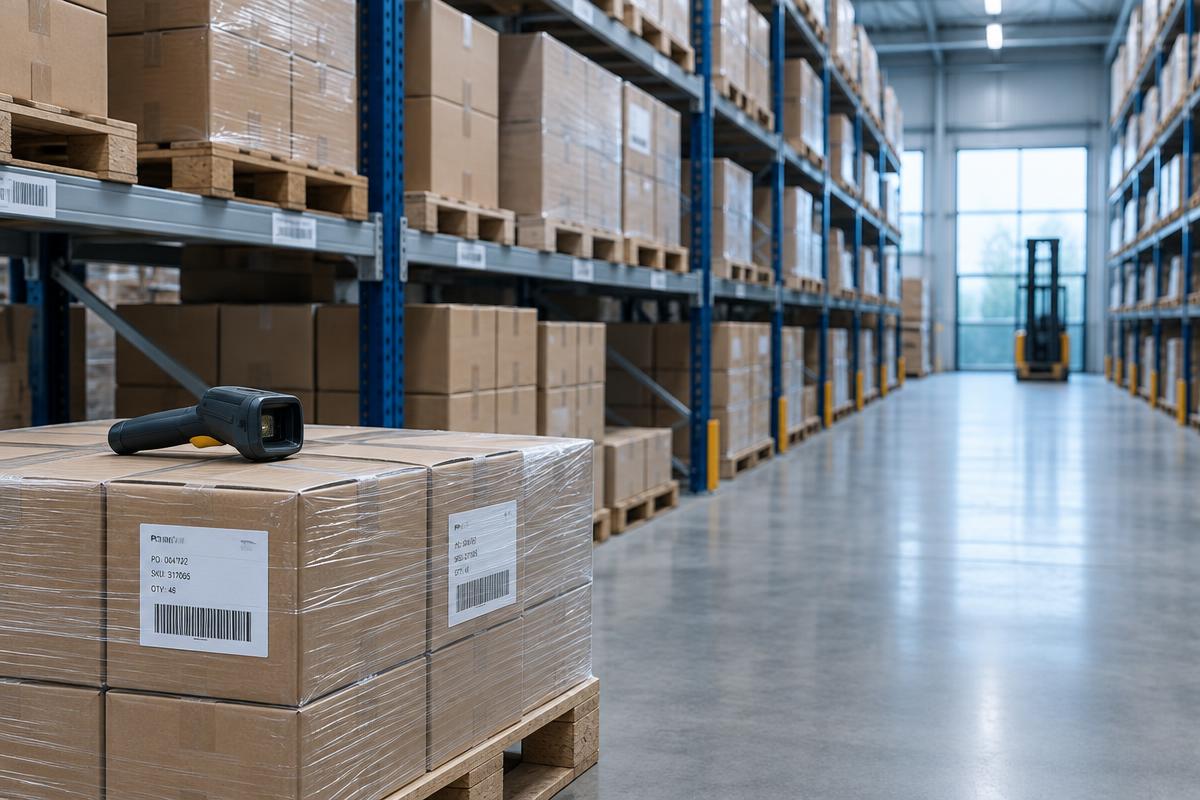 Warehouse aisle with pallet racking, boxed stock and a barcode scanner on a wrapped pallet